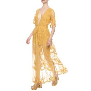 Honey Punch | Yellow Romantic Lace Plunging Neck Overly Boho Maxi Dress Romper